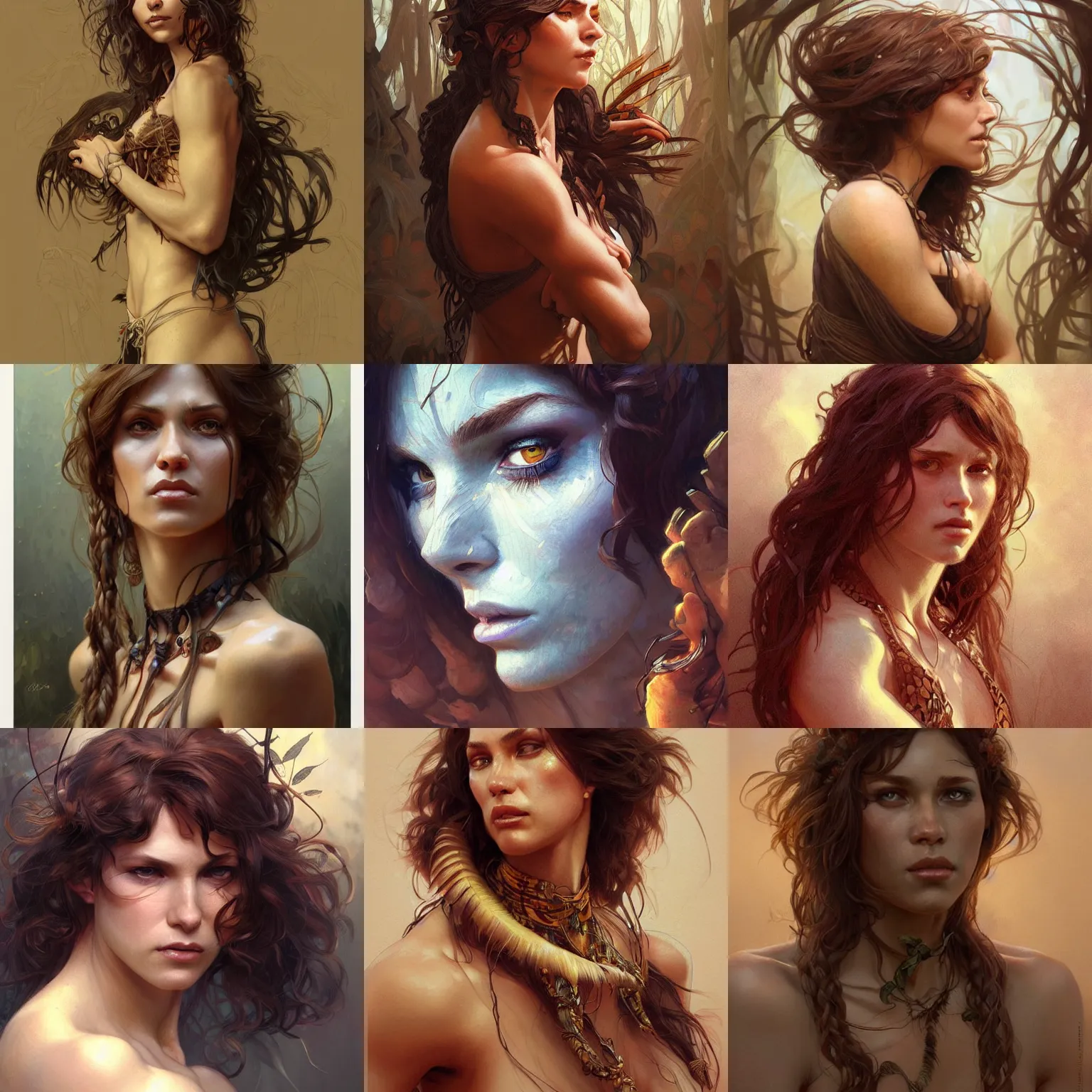 Prompt: Portrait of cavewoman, upper body, intricate, wild, highly detailed, digital painting, artstation, concept art, smooth, sharp focus, illustration, art by artgerm and greg rutkowski and alphonse mucha