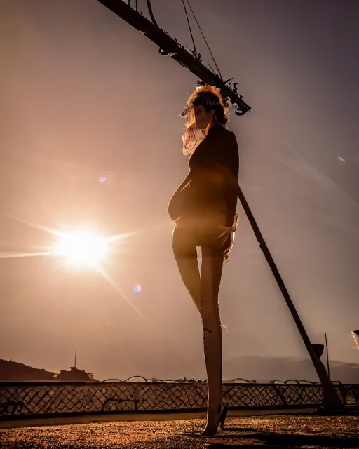 Prompt: a high fashion model balancing on a crane, hairs fly in the wind, documentary, 8 k screenshot, 3 5 mm lens, f stop, lens flare