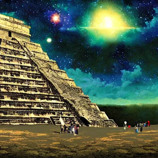 Image similar to an advertisement for a concert with a man climbing up the steps of a Mayan Pyramid, Stars, nebula and comet with a long tail in the night sky behind the pyramid, an album cover by Jeremy Henderson, featured on deviantart, underground comix, concert poster, diorama, poster art