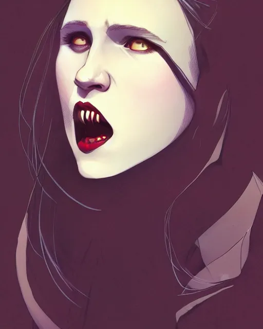 Image similar to in the style of Joshua Middleton and artgerm, evil vampire Taissa Farmiga open mouth with sharp fangs, full body, moody lighting