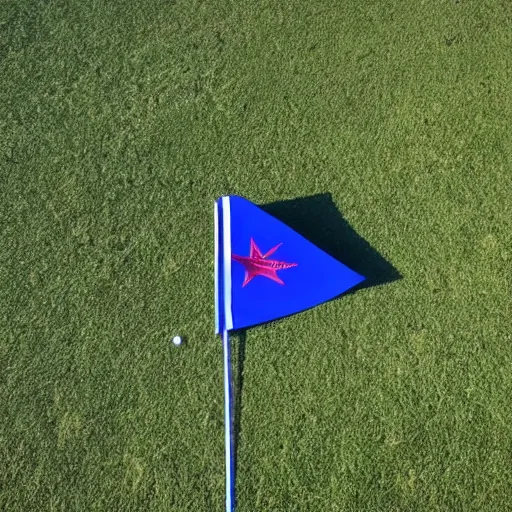 Prompt: low angle from inside a golf hole to the sky, golf flag.