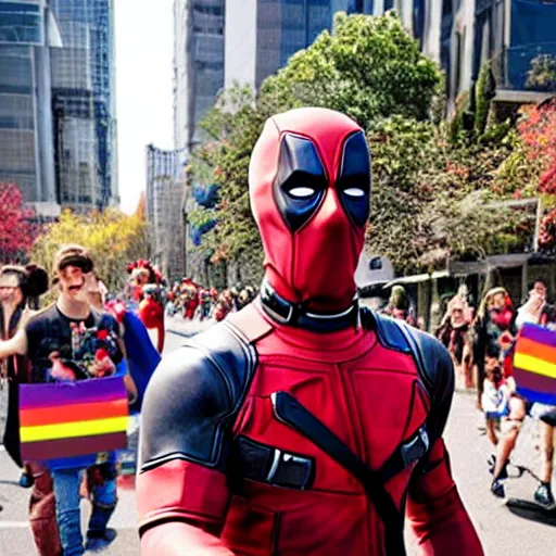 Prompt: deadpool pride parade, photography, beautiful,