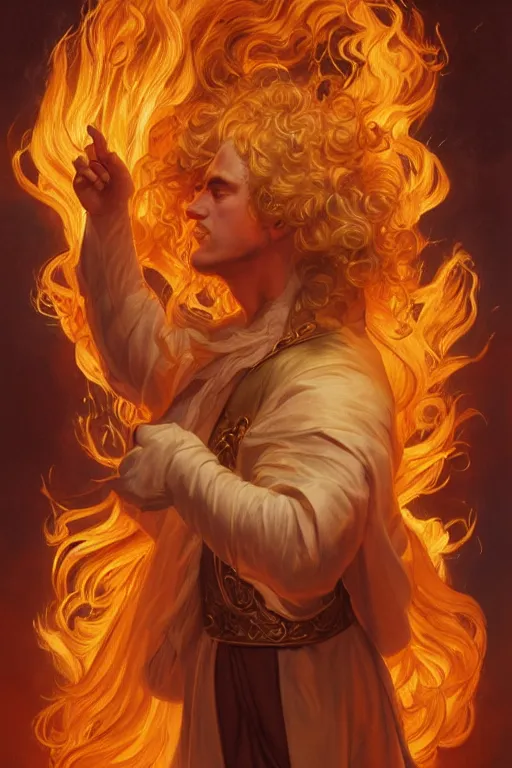 Prompt: Lucius as a demigod of scintillating radiance, long fluffy blond curly hair, wreathed in magnificent flames, oil on canvas, golden hour, artstation, by J. C. Leyendecker and Peter Paul Rubens