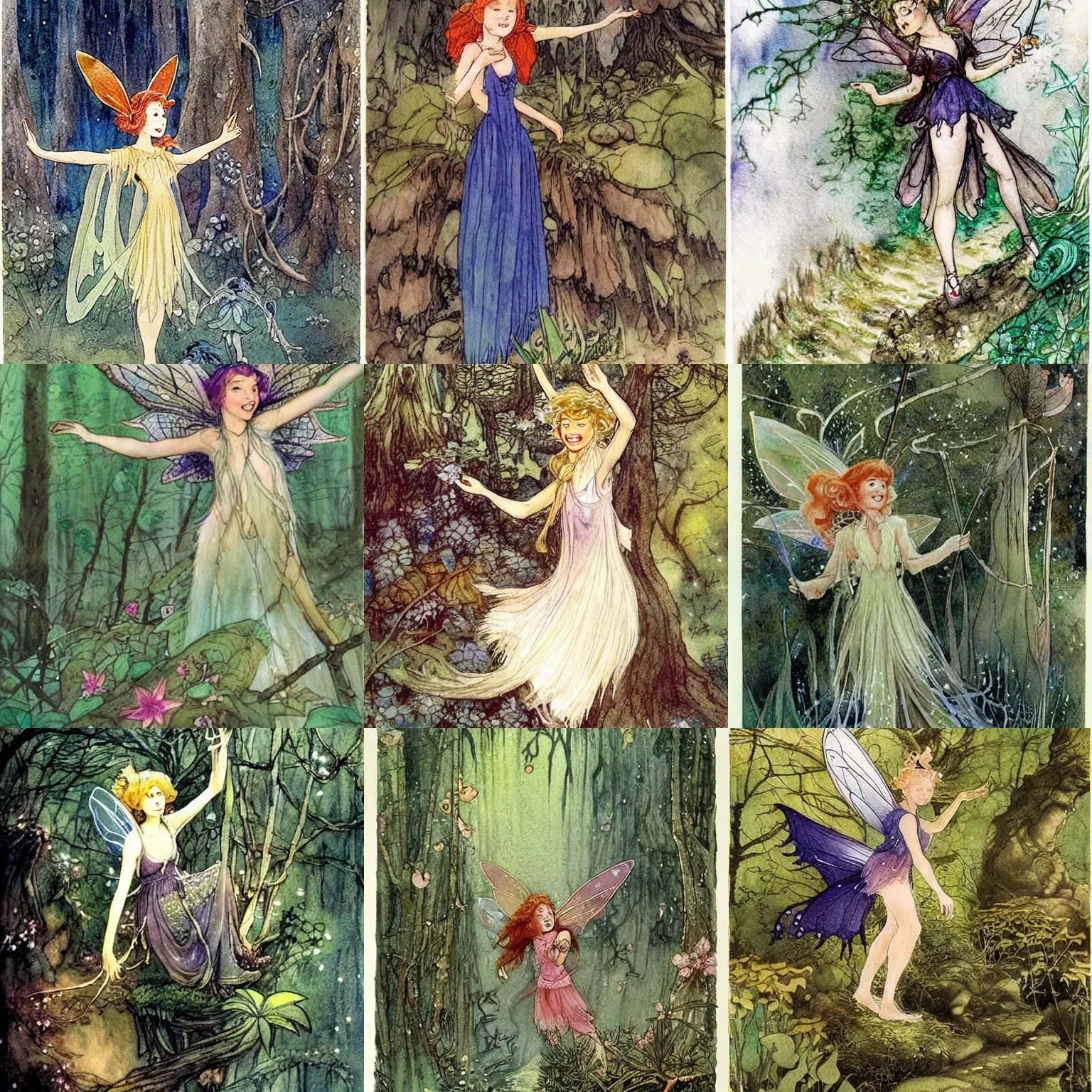 Prompt: a cheerful, optimistic fairy ( looks similiar hollday granger!!! ) in the forrest. dim light, magical, detailed, chinese watercolor, fantasy character concept art by tony diterlizzi, henry meynell rheam, ida rentoul outhwaite, alan lee, florence harrison, bob eggleton, and studio gibli