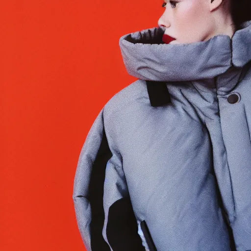 Image similar to realistic! photo of a balenciaga puffer jacket, color film photography, 35mm