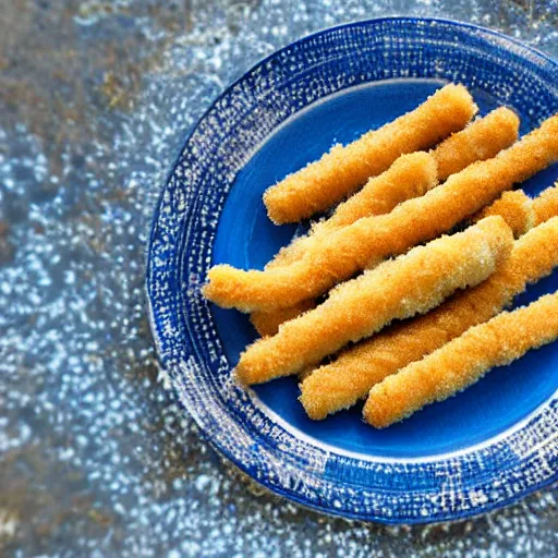 Image similar to cinematic shot of a plate of fish sticks sitting in the middle of a desert, 8k, ultra intricate, ultra detailed, depth of field, epic,