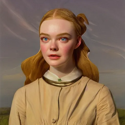 Image similar to Elle Fanning as an Android, head and shoulders masterpiece, oil on canvas, golden hour, in the world of Andrew Wyeth, artstation, by J. C. Leyendecker and Peter Paul Rubens,