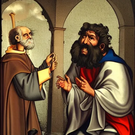 Prompt: saint peter arguing with emo kids