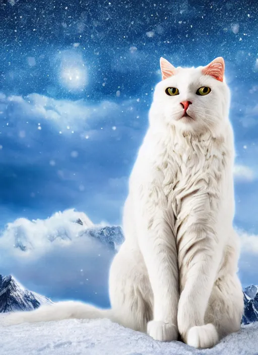 Image similar to giant white cat on a snowy mountain with lightning coming out of its paws, blue sky background with moon