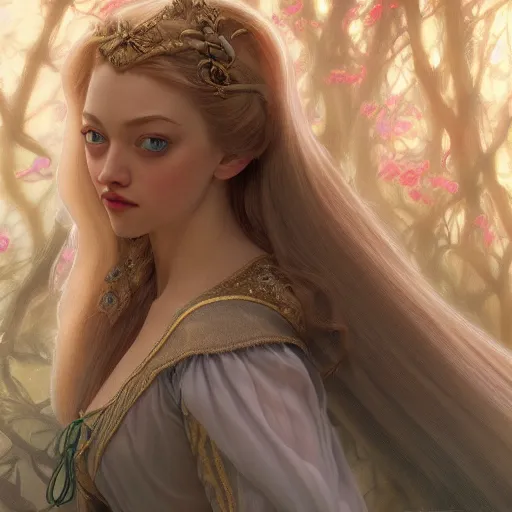 Image similar to beautiful young amanda seyfried as the rapunzel princess, closeup, d & d, fantasy, intricate, elegant, highly detailed, digital painting, artstation, concept art, matte, sharp focus, illustration, art by artgerm and greg rutkowski and alphonse mucha