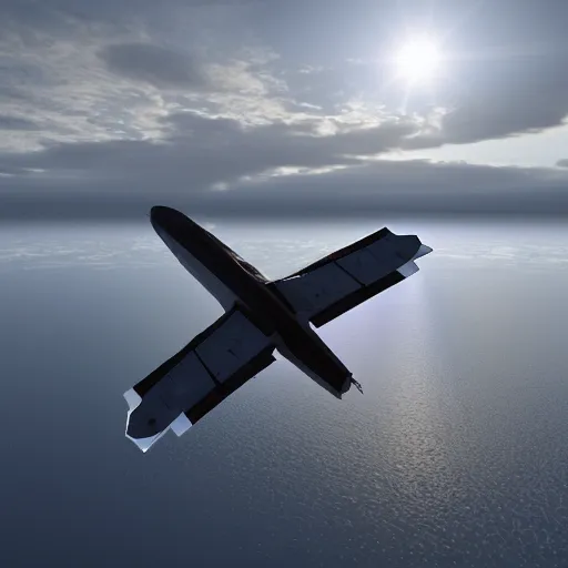 Image similar to blakes 7 liberator space craft flying low over a lake with relfections 8 k resolution evening sunlight, ambient occlusion cinematic volumetric clouds