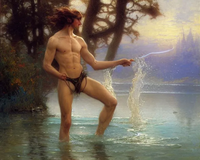 Image similar to attractive male wizard casting powerful wave water spell in a beautiful lake. highly detailed painting by gaston bussiere, craig mullins, j. c. leyendecker 8 k