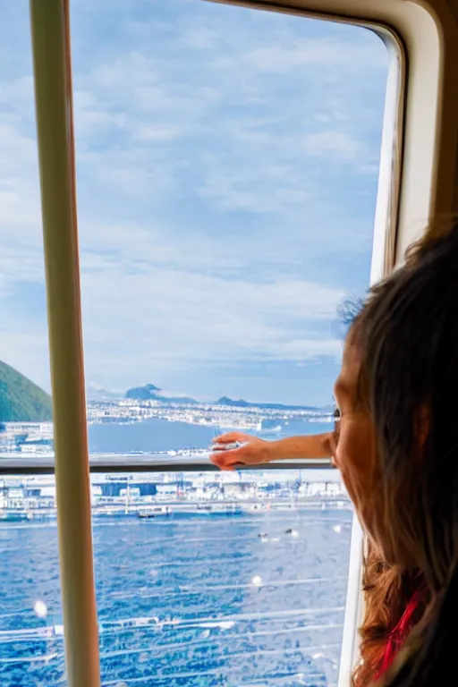 Prompt: a person looking out from a window in a cruise ship cabin