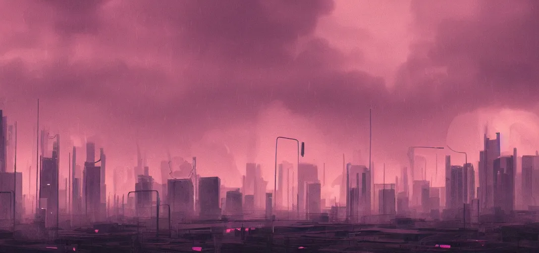 Prompt: Look of an aesthetic solarpunk skyline, rain, afternoon, pink sky moody scene, digital art, 8k, moody details