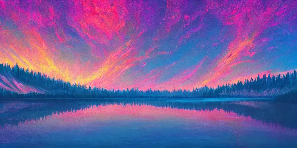 Image similar to beautiful award winning synthwave painting of a canadian lake, extreme detail, digital art, 4 k, ultra hd