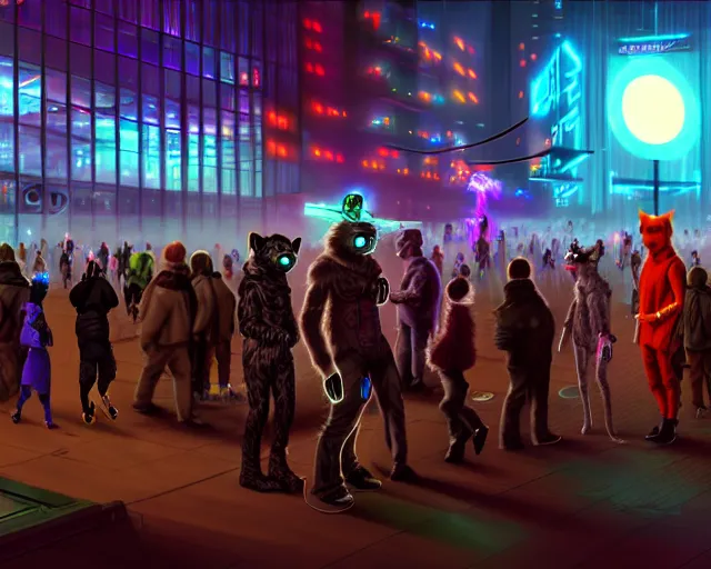 Image similar to high - resolution photograph from a cyberpunk era furry fandom convention ( midwest furfest 2 0 4 7 ), taking place after the genetic revolution and quantum singularity. photorealistic.