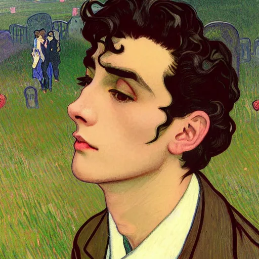 Image similar to painting of young cute handsome beautiful dark medium wavy hair man in his 2 0 s named shadow taehyung and cute handsome beautiful min - jun together at the graveyard party, ghostly, haunted gravestones, ghosts, autumn! colors, elegant, wearing suits!, clothes!, clear, delicate facial features, art by alphonse mucha, vincent van gogh, egon schiele