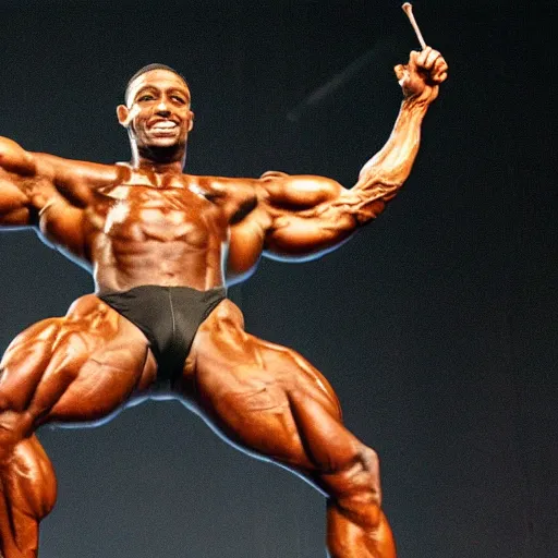 Prompt: a praying mantis winning mr. olympia