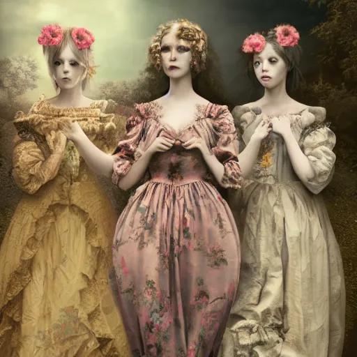 Image similar to 8k, octane render, realism, tonalism, renaissance, rococo, baroque, group of realistic creepy young ladies wearing long harajuku manga dress with flowers and skulls, background chaotic gold leaf flowers