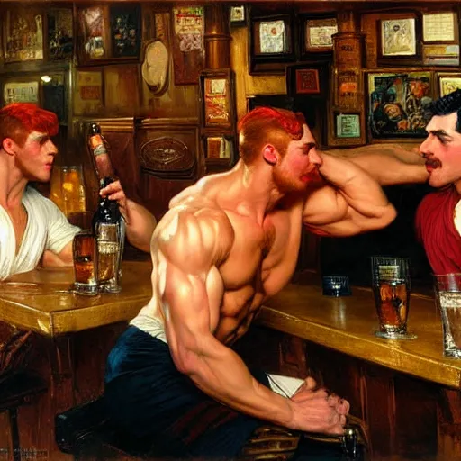 Image similar to attractive muscular male with red hair and muscular attractive male with black hair, drinking their hearts out, in a pub. very defined and highly detailed painting by j. c. leyendecker, gaston bussiere, craig mullins 8 k