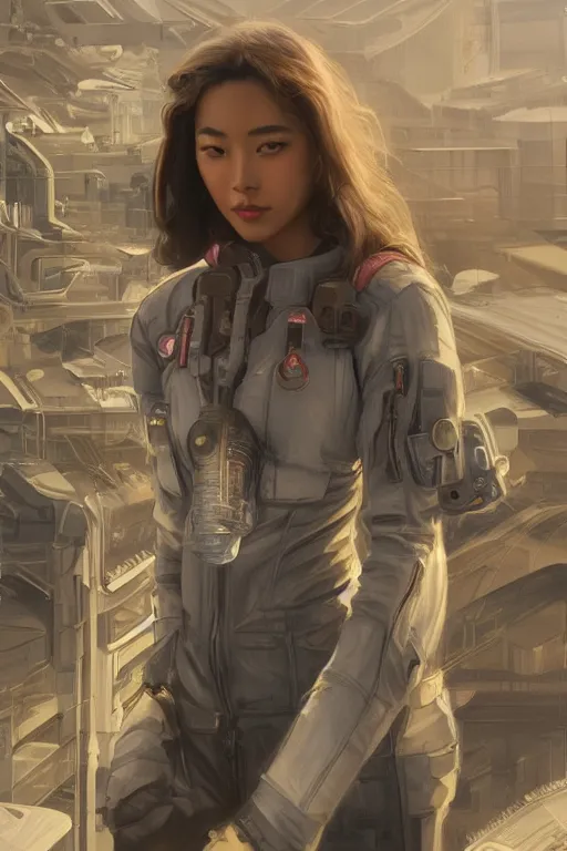 Prompt: portrait futuristic asian airforce girl, looking at the camera, in future airport rooftop , sci-fi, fantasy, intricate, very very beautiful, elegant, human anatomy, neon light, highly detailed, digital painting, artstation, concept art, smooth, sharp focus, illustration, art by tian zi and WLOP and alphonse mucha