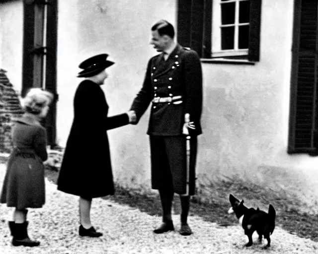 Image similar to ultra wide 1 9 4 6 blurry historical photo of a single german general shaking hands with a young queen elizabeth in a french village, her corgis are nearby highly detailed, sharp focus