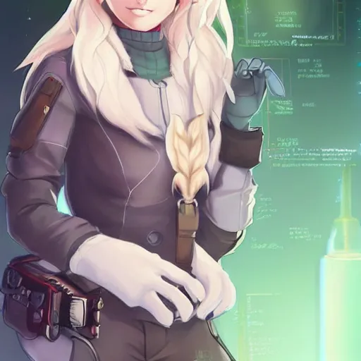 Image similar to beautiful portrait commission of a cute female furry anthro Canadian Lynx fursona casual clothes in a futuristic mechanical laboratory. blonde hair. Green Eyes. character design by charlie bowater, ross tran, artgerm, and makoto shinkai, detailed, inked, western comic book art