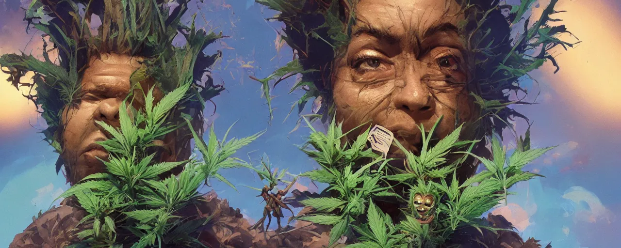 Prompt: duotone concept illustration 3 / 4 portrait of kid face consisting of marijuana, groot, cannabis!, cinematic volumentric lighting, jim cheung, david marquez, mike deodato jr, ilya kuvshinov, makoto shinka, behance hd by jesper ejsing, by rhads, hyper detailed, octane render, concept art, artstation