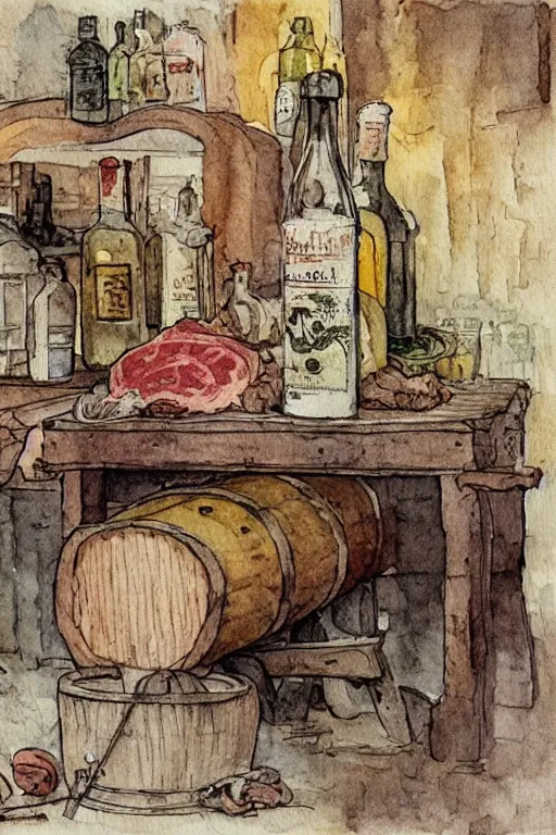 Image similar to pork, meat, schnapps, wine, candle on a barrel in a cellar, watercolor painting by anderz zorn and carl larsson