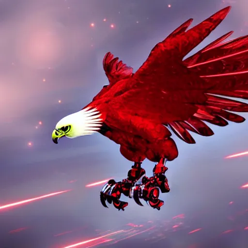 Prompt: fantasy wallpaper of a robotic hawk ,red themed,science fiction