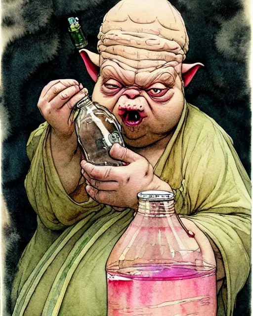 Prompt: a realistic and atmospheric watercolour fantasy character concept art portrait of a fat dirty yoda drinking out of a bottle with pink eyes wearing a wife beater. by rebecca guay, michael kaluta, charles vess and jean moebius giraud