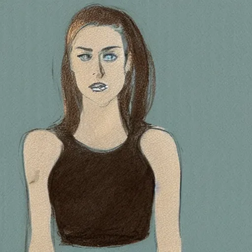 Image similar to courtroom sketch of amber heard standing on top of a bed, knees slightly bent, a brown object is underneath her