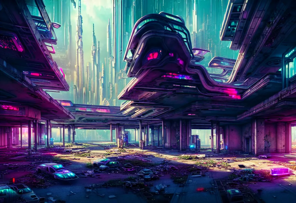 Prompt: A highly detailed crisp unreal engine render of wide view photo of A beautiful futuristic cyberpunk abandoned dystopia city building with futuristic bright lights, plants allover , godray, sunlight breaking through clouds, clouds, debris on the ground, abandoned machines bright happy colors, chaotic , nitid horizon, factory by wangchen-cg, 王琛,Neil blevins, artstation, Gediminas Pranckevicius