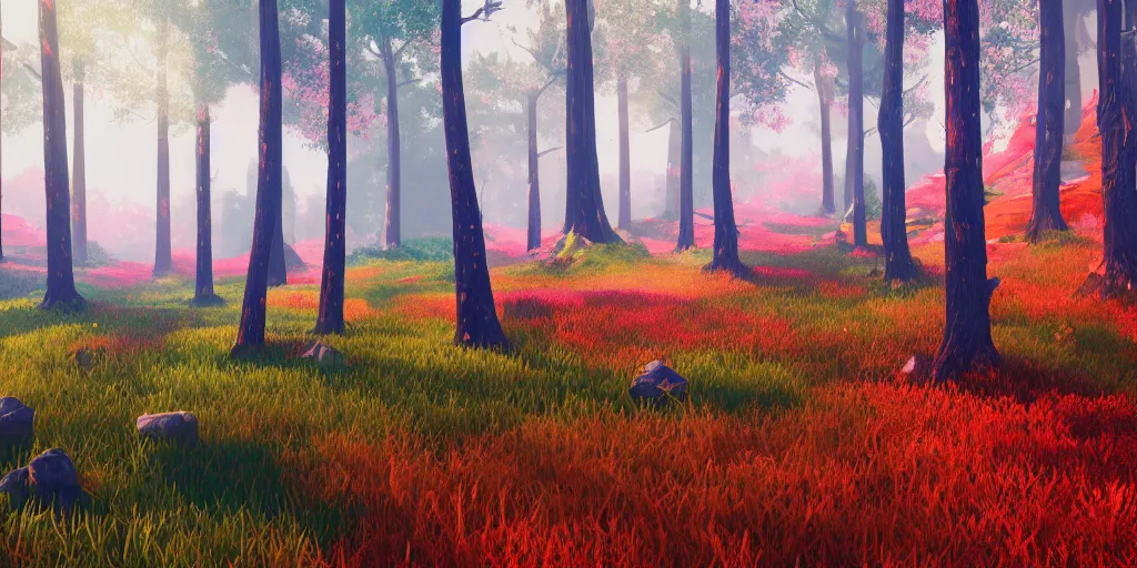 Image similar to abstract 3d landscape forest painting by james jean and David Schnell with 100 year old trees painted in no mans sky style, redshift, octane