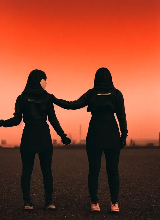 Prompt: cinestill 5 0 d photographic portrait of 2 women holding hands, wearing black techwear in front of a brutalist brushed metal building, closeup, on a desolate plain with a red sky, dystopia, cyberpunk, closeup, depth of field, 4 k, 8 k, hd, full color