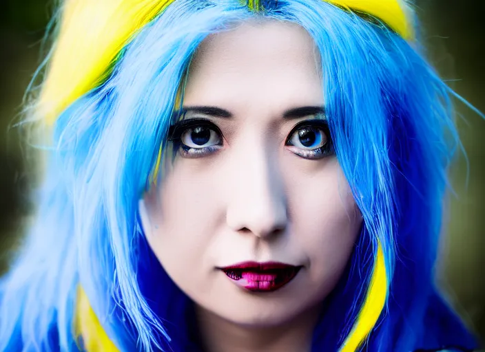 Image similar to dslr portrait photo still of rimuru tempest with blue hair and yellow!!! eyes!!!, 8 k, 8 5 mm f 1. 8