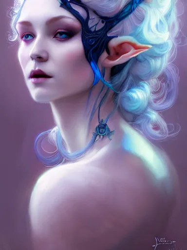 Image similar to the elven queen with blue skin by james jean, charlie bowater, tom bagshaw, nikolay makovsky, melanie delon : : enchanting, ethereal, magical, glowing, sparkle, prismatic, portrait, character design, illustration, hyperrealism, photorealism, digital art, concept art, fantasy, whimsy, weta, wlop, artstation