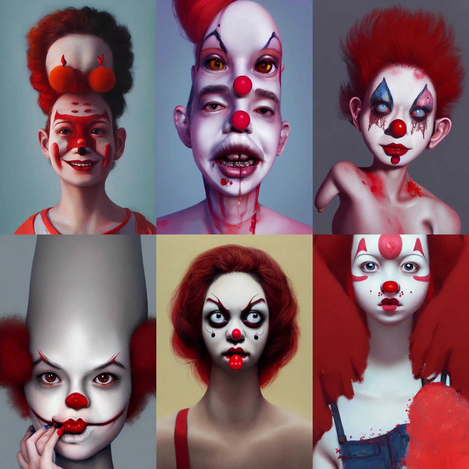 Prompt: detailed painting of clown girl ,red nose, piercing eyes, art by Hsiao-Ron Cheng, hyperrealistic, octane render, ambient light, dynamic lighting