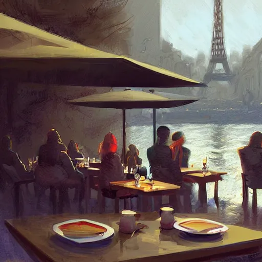 Image similar to klingon sitting at outdoor table at vintage paris cafe, digital painting, greg rutkowski, john howe.