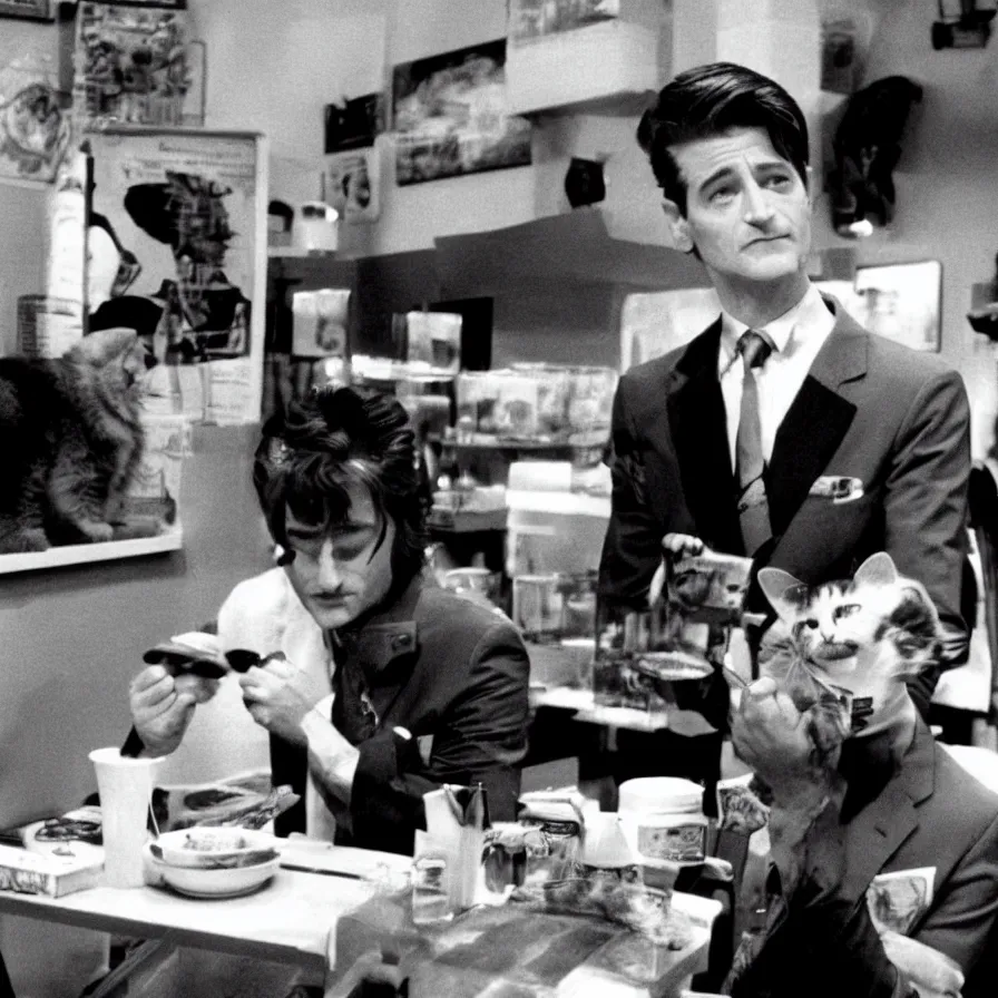 Image similar to special agent dale cooper at a cat cafe, twin peaks, television 1980s