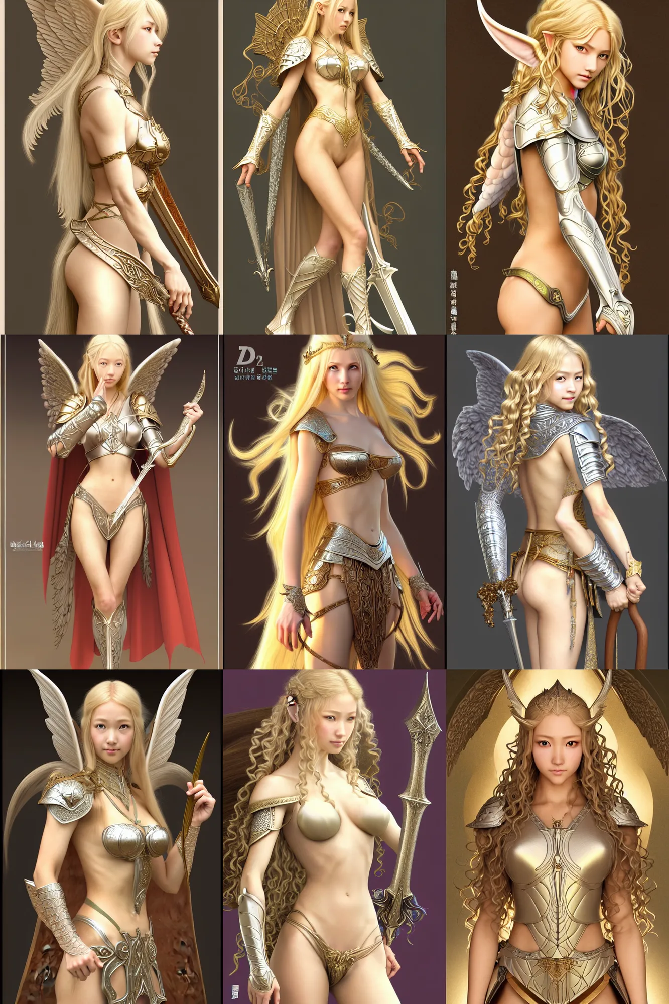 Prompt: complex 3 d hyper realistic smooth ultra sharp render of a gorgeous angelic elven princess paladin knight woman | tanned skin, curly blonde hair | d & d, medieval, fantasy | art by oh jinwook + 吵 集 仁 儿 on artstaion + takeshi obata + alphonse mucha