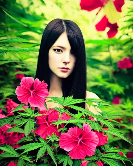 Image similar to an stunning beautiful girl is surrounded by colourful hibiscus flowers and marijuana plants, symmetric face and eyes, manga style, long straight black hair, visible face 8 k, soft focus, melanchonic soft light, volumetric lighting, highly detailed realistic, refined, highly detailed, soft blur outdoor lighting, fine art fashion photography 5 0 mm f 2