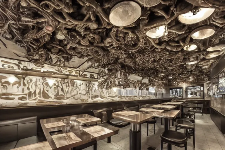 Image similar to a fast food restaurant interior inspired by HR Giger