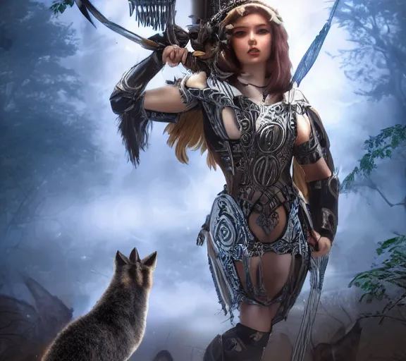 Prompt: Greek Goddess Artemis in moonlit forest, surrounded by wolves, wearing leather archer armour, medium shot portrait by artgerm loish and WLOP, octane render, dynamic lighting, asymmetrical portrait, dark fantasy, cool blue toned, trending on ArtStation