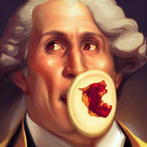 Image similar to portrait of George Washington opening his mouth to eat pizza, highly detailed, digital painting, artstation, concept art, sharp focus, illustration, art by artgerm and greg rutkowski and alphonse mucha