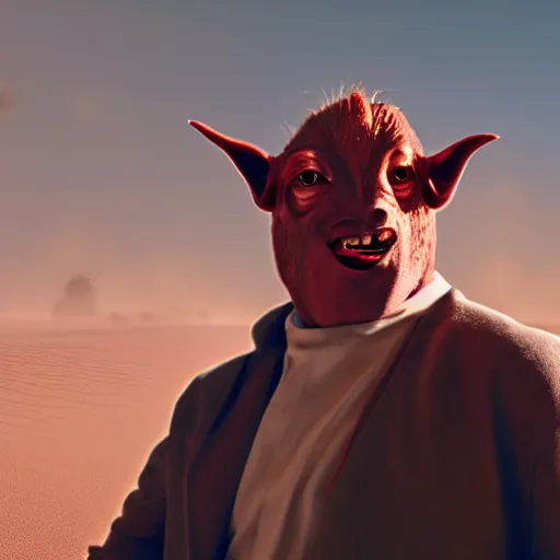 Image similar to (Boris) Johnson as Jar Jar Binks, volumetric lighting, hyperdetailed, in frame, f 1.4, desert landscape, dust storm