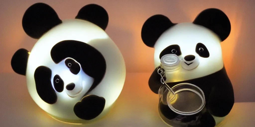 Prompt: a cute panda inside the glowing jar