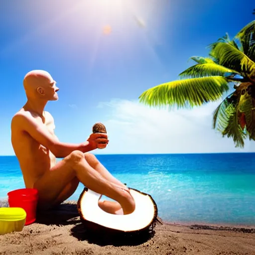 Prompt: nosferatu sunbathing on the beach and drinking from a fresh coconut, colorful photograph, beautiful day, professional