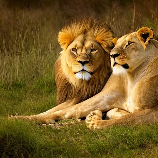 Prompt: contented lion and lioness cuddling with each other, national geographic photo, golden hour, adorable, 8k UHD