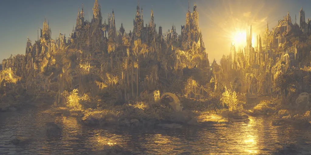Image similar to rich fantasy city ornate, gold and marble, french elements, sand floating on a rock, shining sun, river, guilds, magic, sunlight rays, with trees and plants around Bordeaux and Britanny, trending on Artstation, 8K